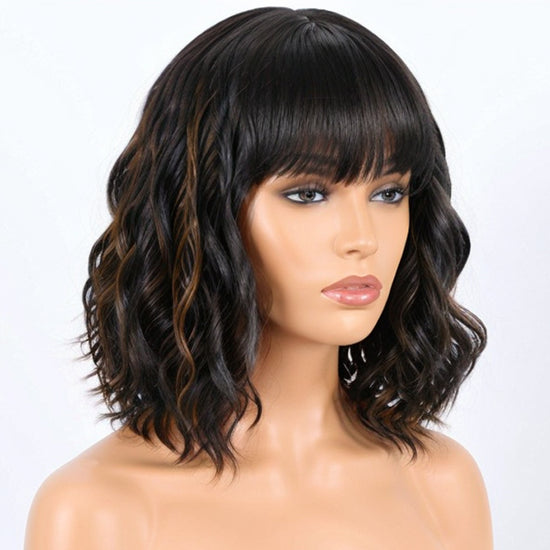 Bob Wigs With Bangs Black Mixed Brown Short Wavy Wig