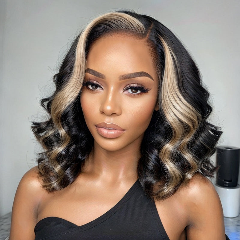 LinktoHair Body Wave Lace Frontal Wig Pre Plucked Blonde Stripe Hair Bob Wig