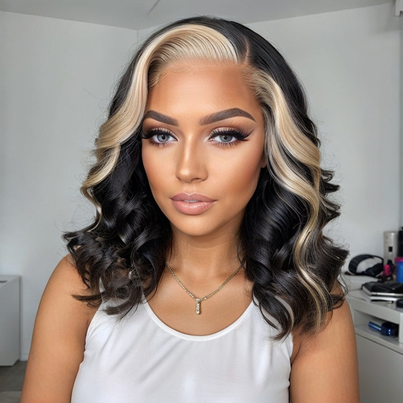 LinktoHair Body Wave Lace Frontal Wig Pre Plucked Blonde Stripe Hair Bob Wig