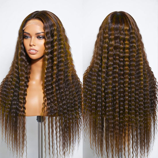 Boho-Chic Chestnut Brown Highlights | 5×5 Closure Lace Glueless Long Curly Wig 100% Human Hair