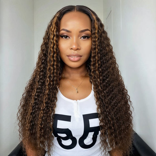 Boho-Chic Chestnut Brown Highlights | 5×5 Closure Lace Glueless Long Curly Wig 100% Human Hair