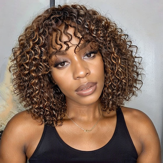 Load image into Gallery viewer, Boho Curly Highlight Lace Glueless Short Bob Wig with Bangs 100% Human Hair
