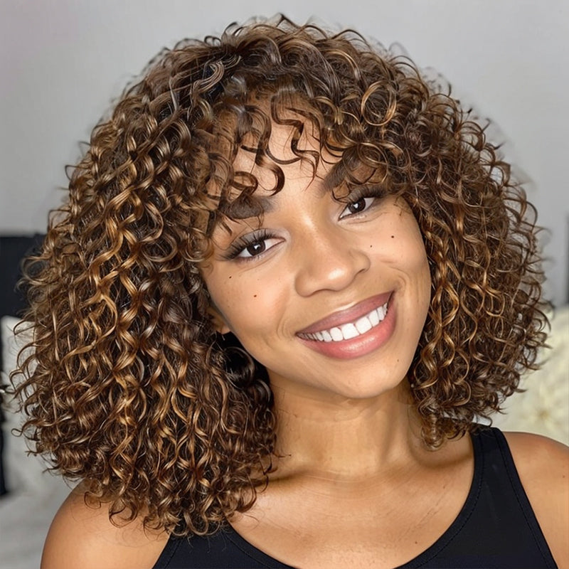 Boho Curly Highlight Lace Glueless Short Bob Wig with Bangs 100% Human Hair