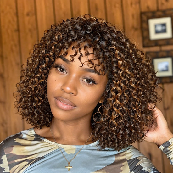 Boho Curly Highlight Lace Glueless Short Bob Wig with Bangs 100% Human Hair