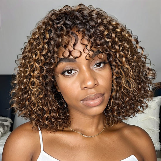 Boho Curly Highlight Lace Glueless Short Bob Wig with Bangs 100% Human Hair