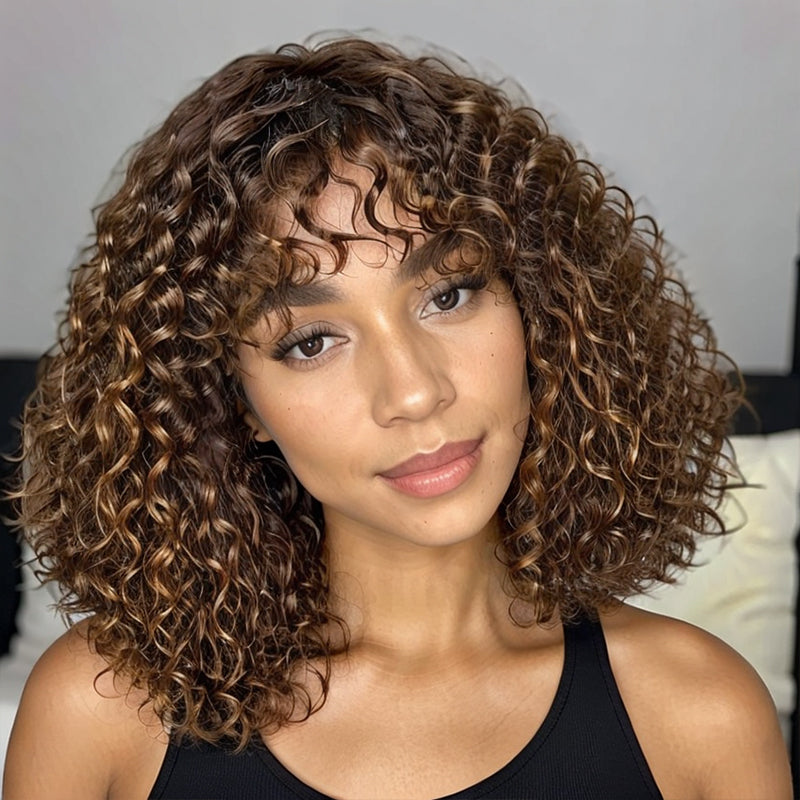 Boho Curly Highlight Lace Glueless Short Bob Wig with Bangs 100% Human Hair