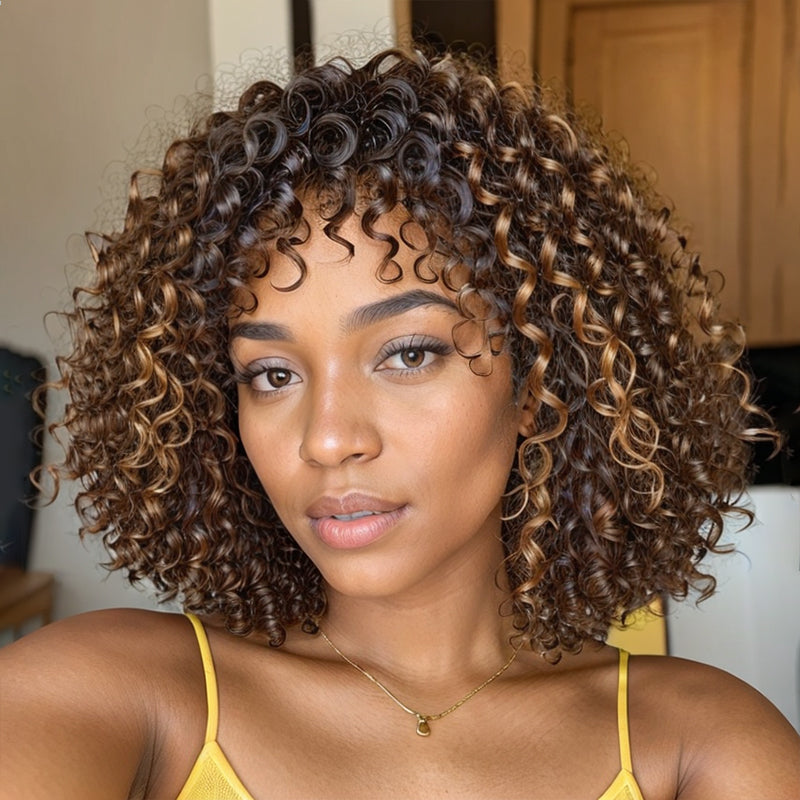 Boho Curly Highlight Lace Glueless Short Bob Wig with Bangs 100% Human Hair