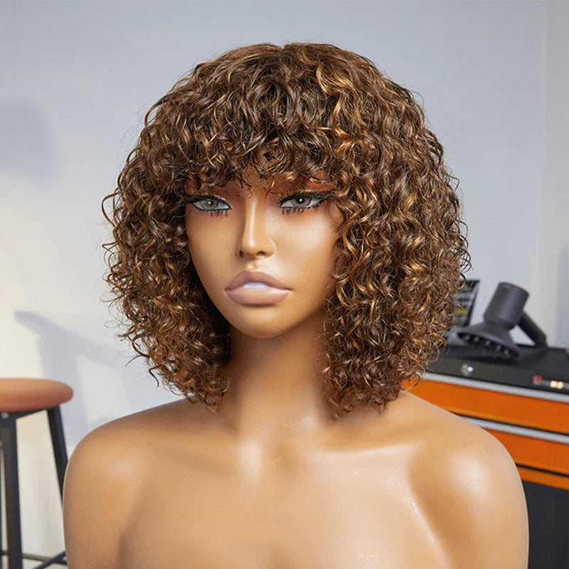 Boho Curly Highlight Lace Glueless Short Bob Wig with Bangs 100% Human Hair