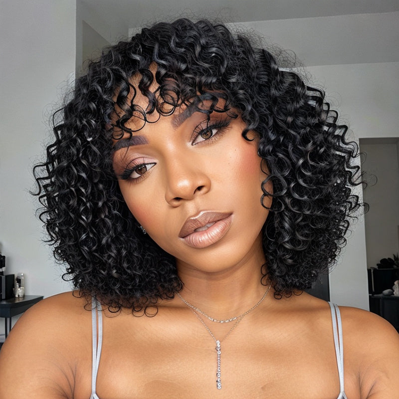 Linktohair Boho Curly Glueless Short Bob Wig with Bangs 100% Human Hair