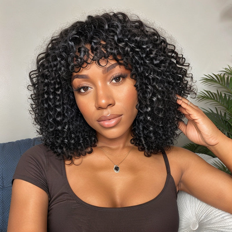 Linktohair Boho Curly Glueless Short Bob Wig with Bangs 100% Human Hair