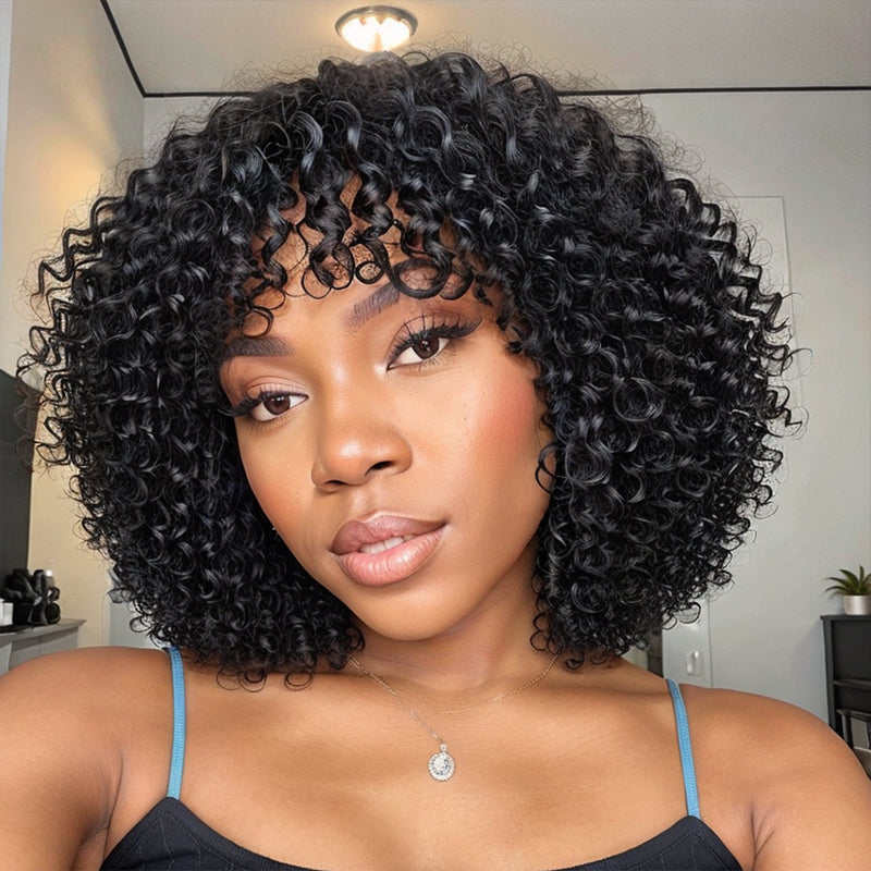 Linktohair Boho Curly Glueless Short Bob Wig with Bangs 100% Human Hair