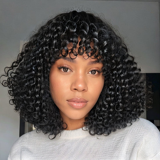 Linktohair Boho Curly Glueless Short Bob Wig with Bangs 100% Human Hair