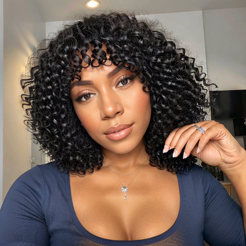 Linktohair Boho Curly Glueless Short Bob Wig with Bangs 100% Human Hair