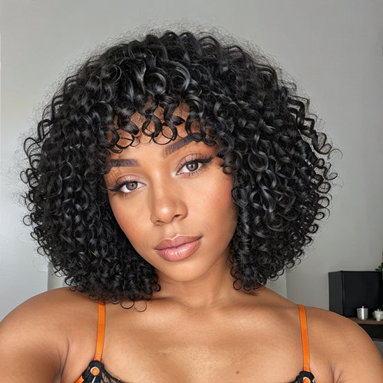 Linktohair Boho Curly Glueless Short Bob Wig with Bangs 100% Human Hair