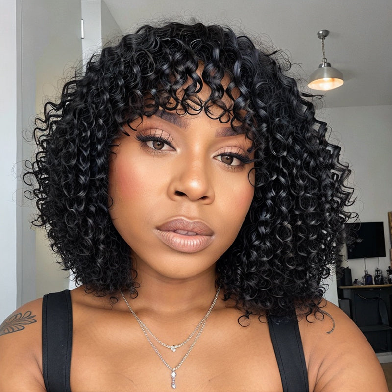 Linktohair Boho Curly Glueless Short Bob Wig with Bangs 100% Human Hair