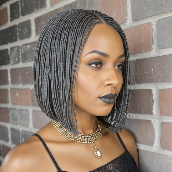 Salt & Pepper Braided Hairstyles Wigs Micro Senegalese Twists Wig for Black Women