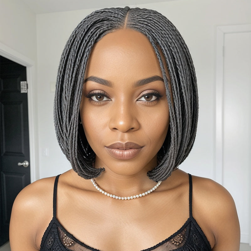 Salt & Pepper Braided Hairstyles Wigs Micro Senegalese Twists Wig for Black Women