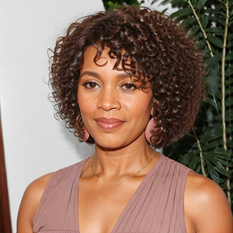 Brown Hair Wig Glueless Short Curly Bob Human Hair Wigs For Black Woman