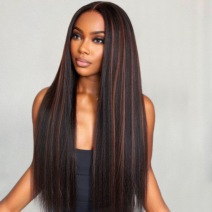 Load image into Gallery viewer, Brown Highlight Kinky Straight | Glueless 5x5 Closure Invisible HD Lace Wig 100% Human Hair
