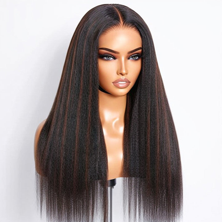 Brown Highlight Kinky Straight | Glueless 5x5 Closure Invisible HD Lace Wig 100% Human Hair