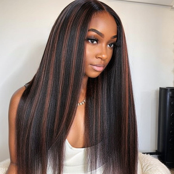 Load image into Gallery viewer, Brown Highlight Kinky Straight | Glueless 5x5 Closure Invisible HD Lace Wig 100% Human Hair
