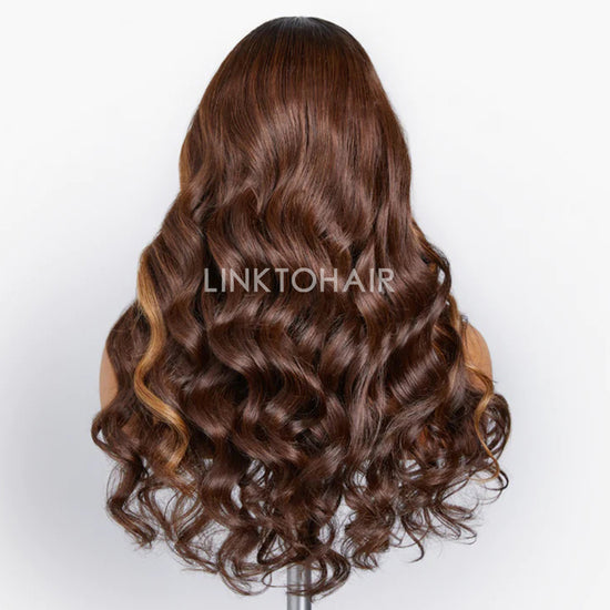 Brown Highlight Loose Wave Glueless 5x5 Closure HD Lace Wig With Curtain Bangs 100% Human Hair