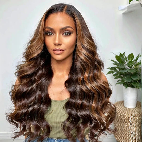 Brown Highlight Loose Wave Glueless 5x5 Closure HD Lace Wig With Curtain Bangs 100% Human Hair