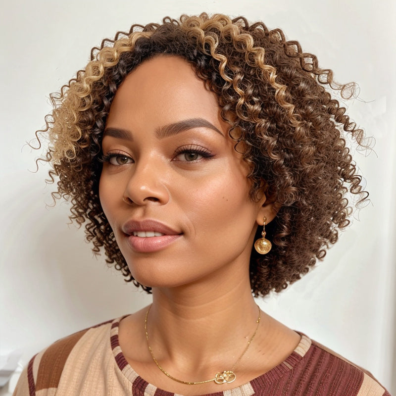 Brown Highlight Short Bob Kinky Curly 13x4 Lace Frontal Wig Human Hair Wigs