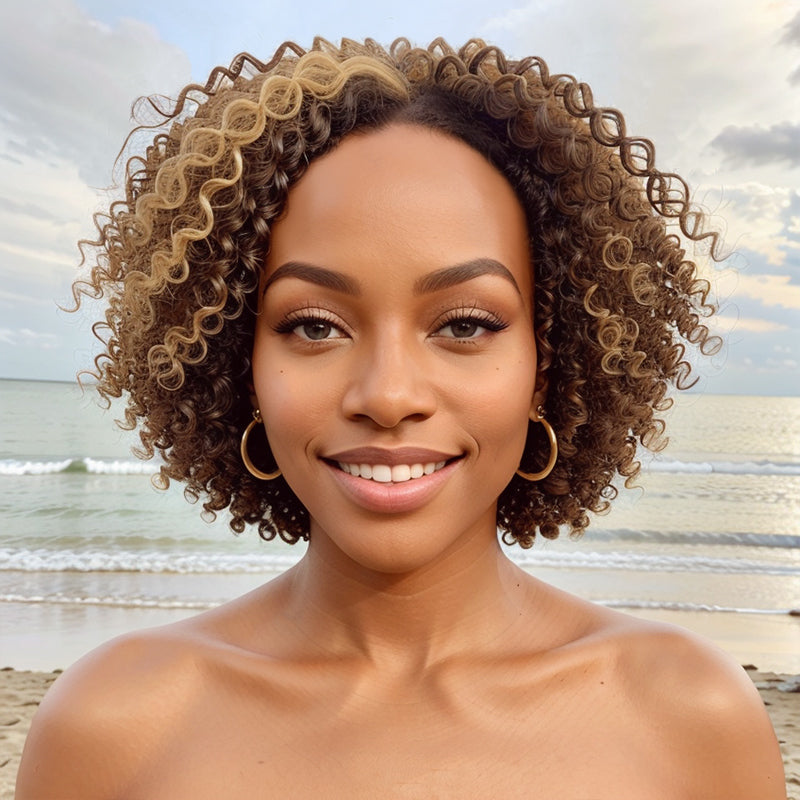 Brown Highlight Short Bob Kinky Curly 13x4 Lace Frontal Wig Human Hair Wigs