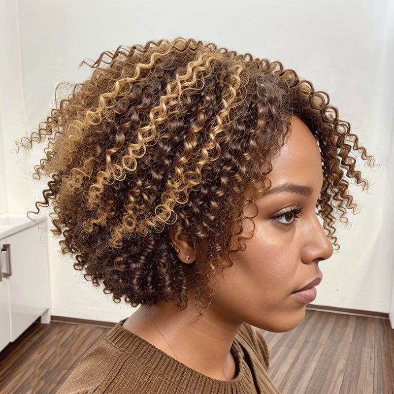 Brown Highlight Short Bob Kinky Curly 13x4 Lace Frontal Wig Human Hair Wigs