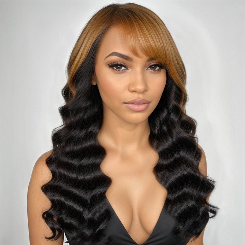 Brown Mix Black Glueless Long Loose Wave 13x4 Lace Frontal Wig With Side Bang