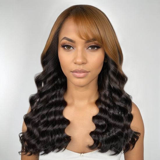 Load image into Gallery viewer, Brown Mix Black Glueless Long Loose Wave 13x4 Lace Frontal Wig With Side Bang
