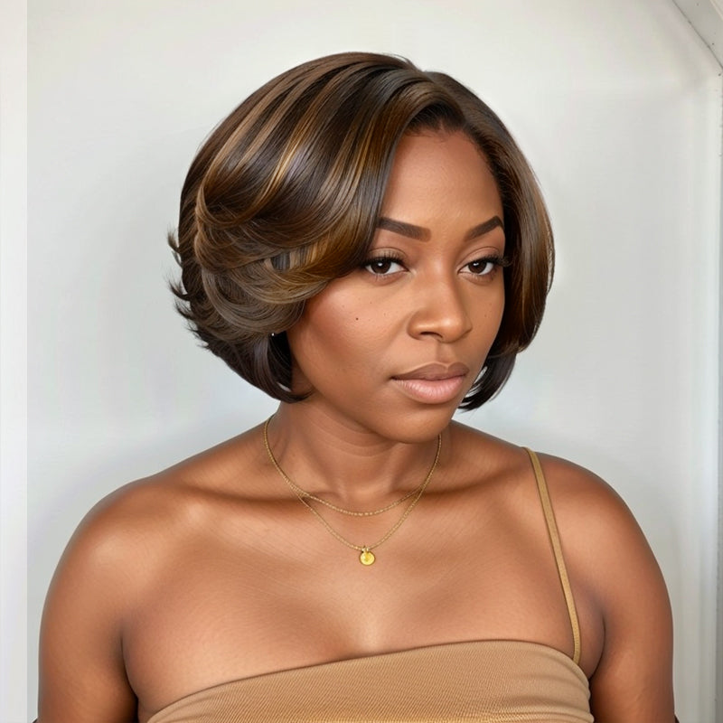 Load image into Gallery viewer, Brown Mix Blonde Glueless Short Bob 5x5 Closure Lace  Side Part Human Hair Wigs
