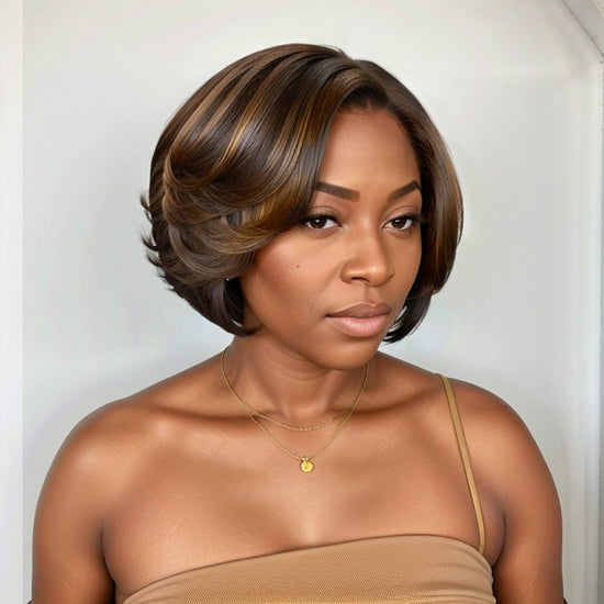 Brown Mix Blonde Glueless Short Bob 5x5 Closure Lace  Side Part Human Hair Wigs