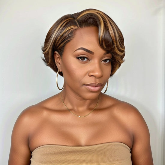 Load image into Gallery viewer, Brown Mix Blonde Short Pixie Cut 5x5 Closure Lace Glueless Side Part Wigs Bob Wavy Human Hair
