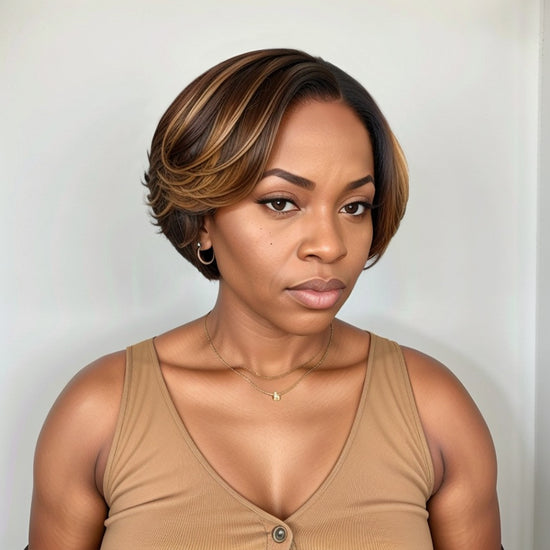 Brown Mix Blonde Short Pixie Cut 5x5 Closure Lace Glueless Side Part Wigs Bob Wavy Human Hair