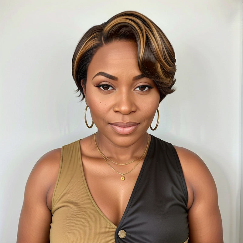 Brown Mix Blonde Short Pixie Cut 5x5 Closure Lace Glueless Side Part Wigs Bob Wavy Human Hair