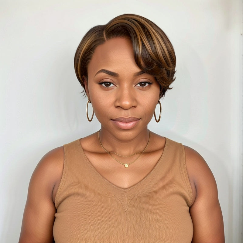 Brown Mix Blonde Short Pixie Cut 5x5 Closure Lace Glueless Side Part Wigs Bob Wavy Human Hair