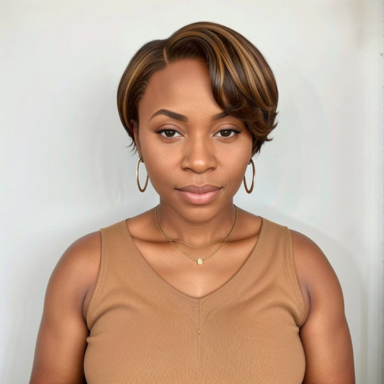 Brown Mix Blonde Short Pixie Cut 5x5 Closure Lace Glueless Side Part Wigs Bob Wavy Human Hair