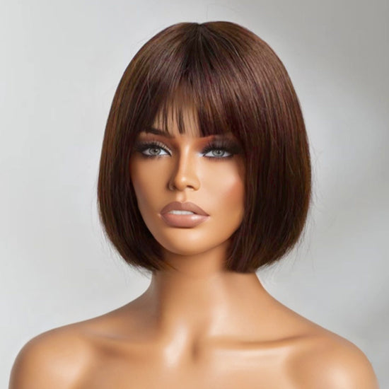 Brown Straight Human Hair Bob Wigs With Bangs