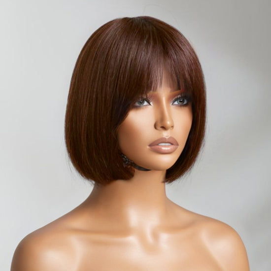 Brown Straight Human Hair Bob Wigs With Bangs