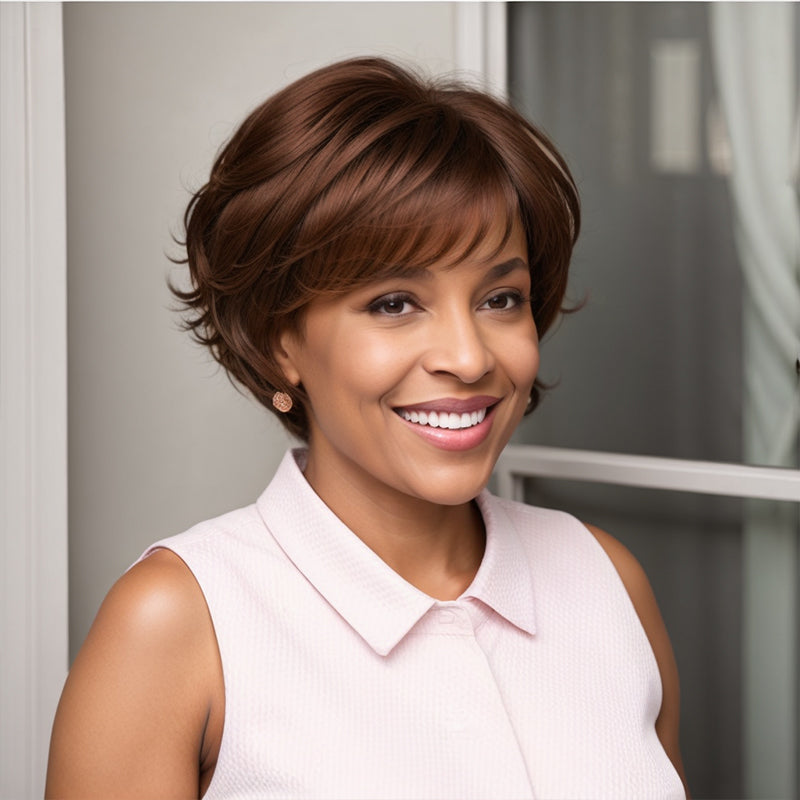 Brown Wig Layered Short Cut Bob Glueless Wavy Human Hair With Bangs