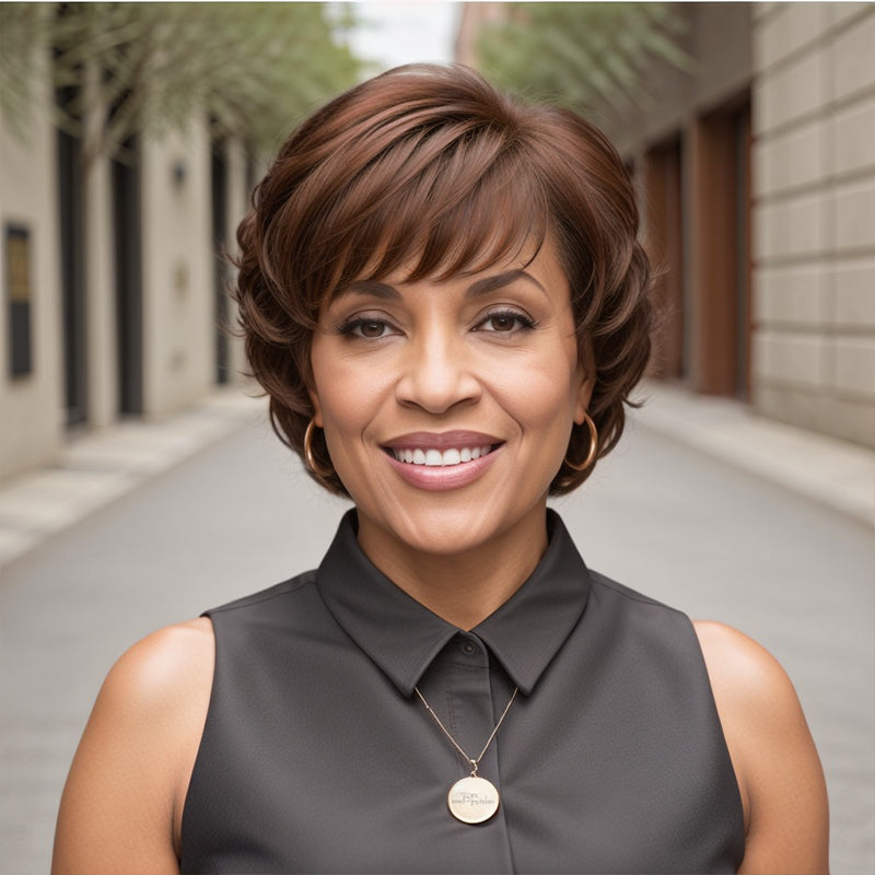 Brown Wig Layered Short Cut Bob Glueless Wavy Human Hair With Bangs
