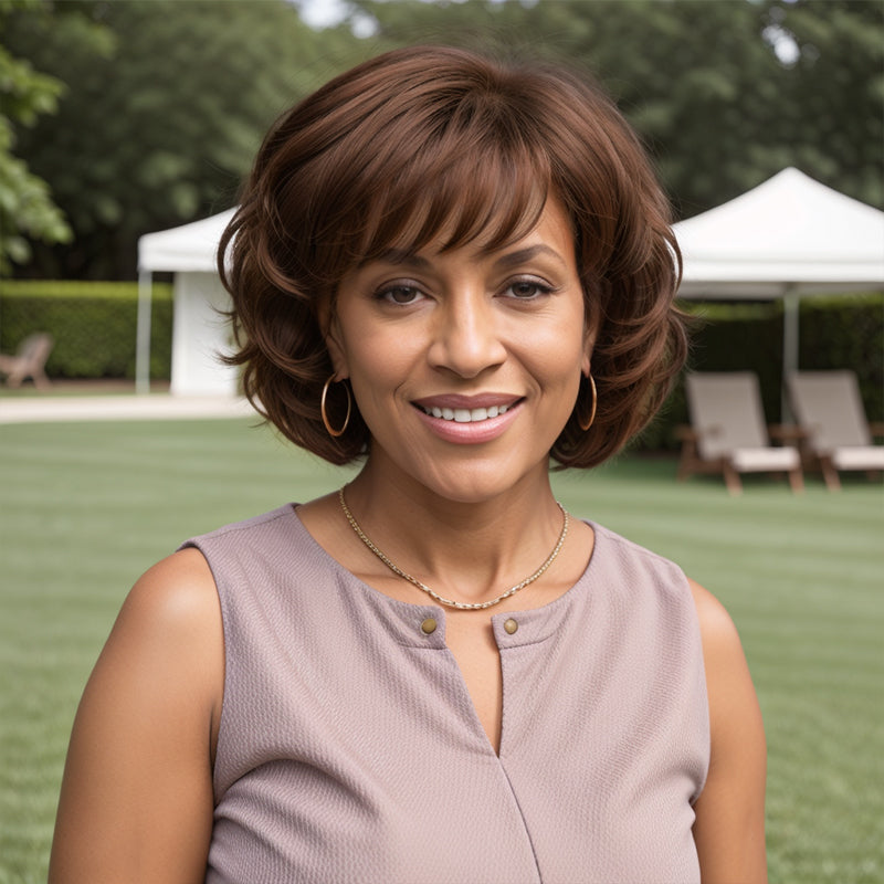 Brown Wig Layered Short Cut Bob Glueless Wavy Human Hair With Bangs