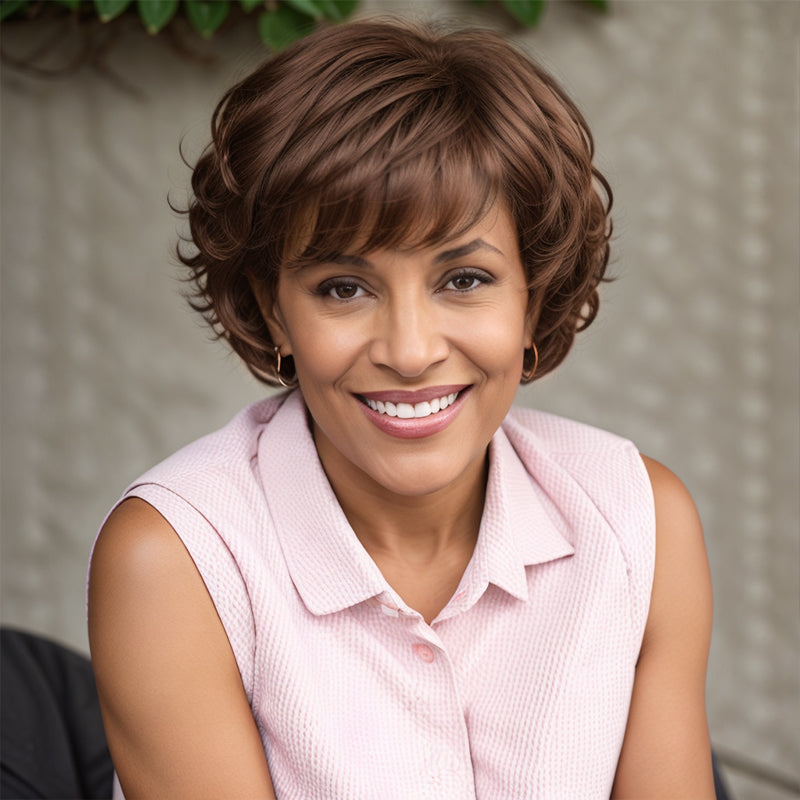 Brown Wig Layered Short Cut Bob Glueless Wavy Human Hair With Bangs
