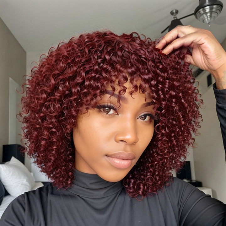 Chic Dark Red | Water Wave Glueless Wig With Bangs Put On & Go 100% Human Hair
