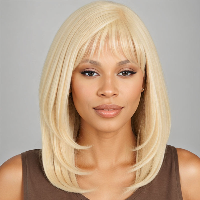 Easily Redyed #613 Blonde Silky Straight Side Part Layered Cut Design Glueless Human Hair Wigs With Bangs Beginner Friendly