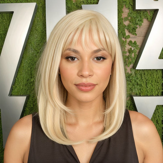 Load image into Gallery viewer, Easily Redyed #613 Blonde Silky Straight Side Part Layered Cut Design Glueless Human Hair Wigs With Bangs Beginner Friendly
