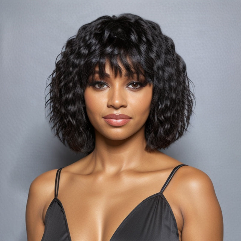 Easy To Wear Short Wolf Cut Natural Wavy Bob Wigs With Bang
