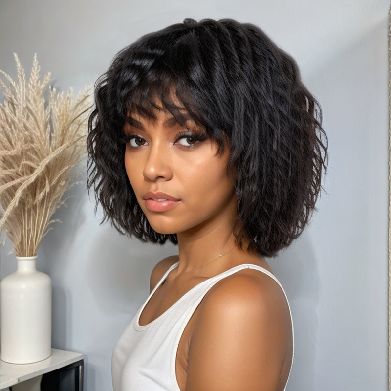 Easy To Wear Short Wolf Cut Natural Wavy Bob Wigs With Bang